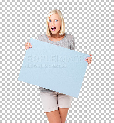 Buy stock photo Portrait, surprise and woman with mockup board isolated on a transparent png background. Wow, blank poster and shocked person with product placement, advertising or marketing, promotion or copy space