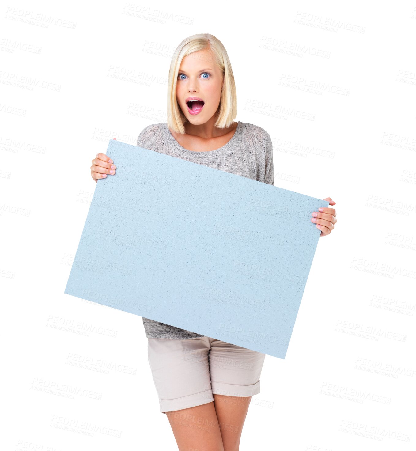 Buy stock photo Portrait, surprise and woman with mockup board isolated on a transparent png background. Wow, blank poster and shocked person with product placement, advertising or marketing, promotion or copy space