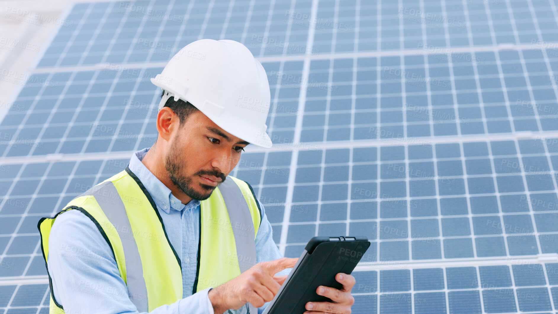 Buy stock photo Solar panel, electricity and man planning with tablet and engineer with tech and renewable energy. Architecture, construction worker with job research from eco friendly and sustainability project