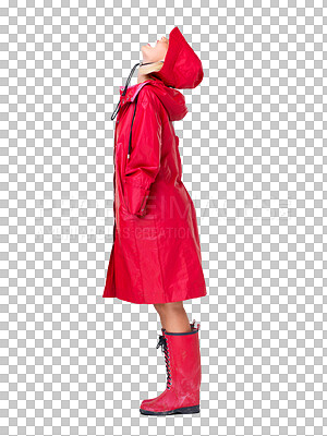 Buy stock photo Fashion, red raincoat and woman with trendy, stylish waterproof clothes in studio. Winter boots, rain weather or full body of excited, happy girl with smile isolated on a transparent png background