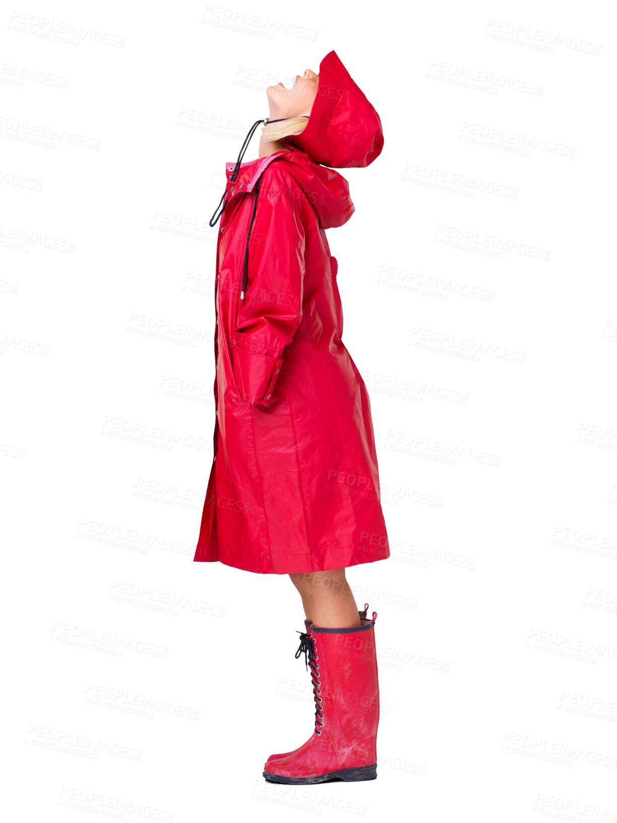 Buy stock photo Fashion, red raincoat and woman with trendy, stylish waterproof clothes in studio. Winter boots, rain weather or full body of excited, happy girl with smile isolated on a transparent png background