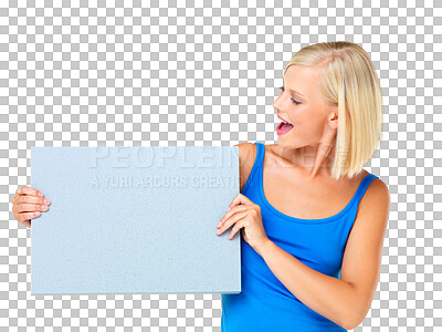 Buy stock photo Happy, mockup and woman looking at poster isolated on a transparent png background. Product placement, advertising or person with banner for marketing, copy space or branding, promotion or commercial