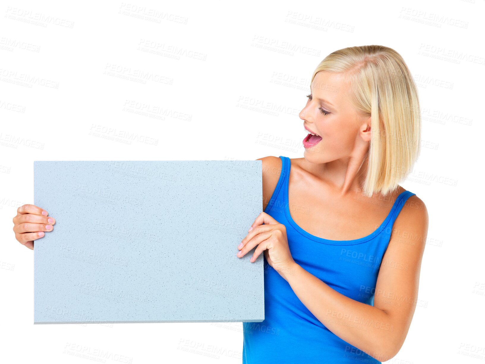 Buy stock photo Happy, mockup and woman looking at poster isolated on a transparent png background. Product placement, advertising or person with banner for marketing, copy space or branding, promotion or commercial