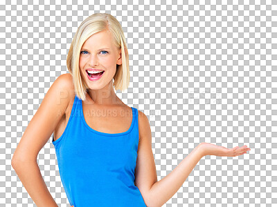 Buy stock photo Portrait, smile and woman with palm space isolated on a transparent png background. Product placement, branding and happy person with hand for presentation or promotion, advertising and marketing.