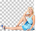 Portrait, fashion and mockup with a woman sitting on a studio floor. Space, mock up and style with an attractive young female posing to promote blank product placement isolated on a png background