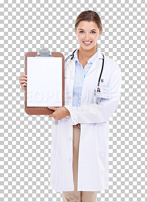 Buy stock photo Clipboard, doctor mockup and woman isolated on a transparent, png background for healthcare advice or checklist. Portrait of medical professional with paperwork, document or notes for happy results