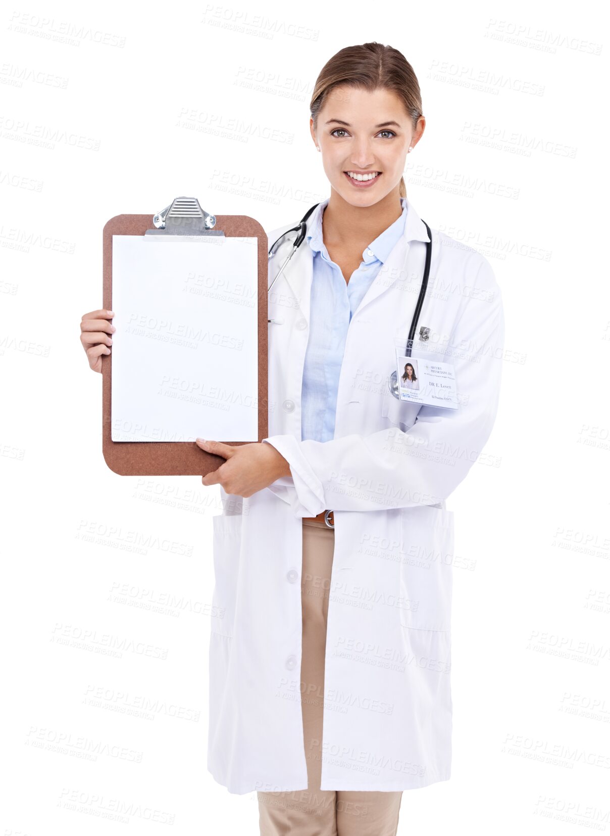 Buy stock photo Clipboard, doctor mockup and woman isolated on a transparent, png background for healthcare advice or checklist. Portrait of medical professional with paperwork, document or notes for happy results