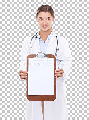 Buy stock photo Woman doctor portrait, clipboard and mockup isolated on transparent, png background healthcare consulting or checklist. Medical professional, paperwork and documents for health insurance application