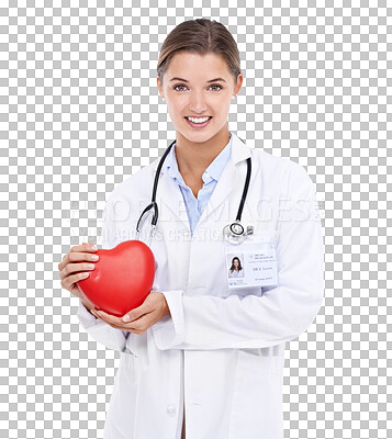 Buy stock photo Healthcare, cardiology and portrait of happy woman with heart icon isolated on transparent, png background. Female doctor with smile, red love emoji and happiness in health care or medical support.