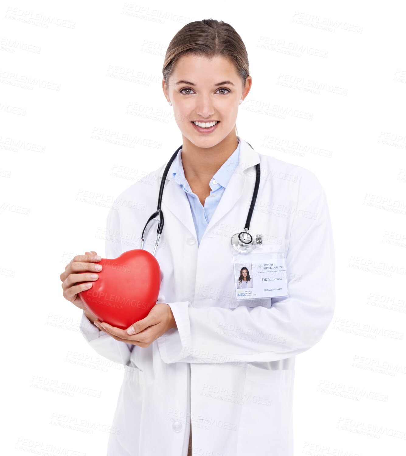 Buy stock photo Healthcare, cardiology and portrait of happy woman with heart icon isolated on transparent, png background. Female doctor with smile, red love emoji and happiness in health care or medical support.