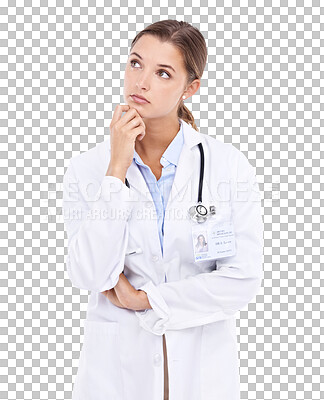 Buy stock photo Thinking, woman and doctor in studio for healthcare, decision and choice on isolated, transparent and png background. Contemplating, unsure and female health expert pensive, emoji and problem solving