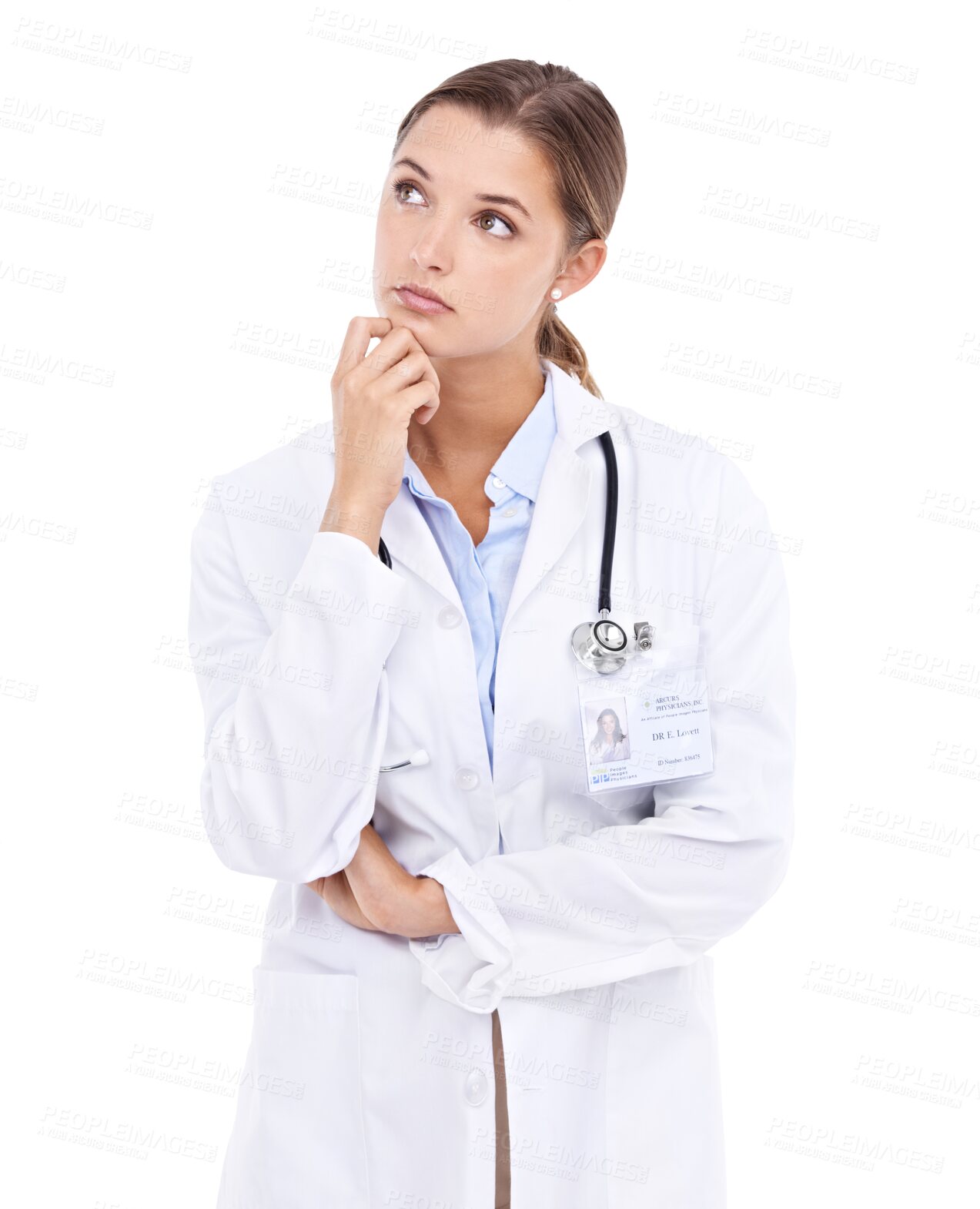 Buy stock photo Thinking, woman and doctor in studio for healthcare, decision and choice on isolated, transparent and png background. Contemplating, unsure and female health expert pensive, emoji and problem solving