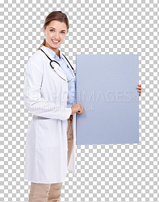 Buy stock photo Woman doctor, poster and blank space isolated on transparent, png background for healthcare presentation. Portrait of medical professional with sign for consulting information, advertising or service