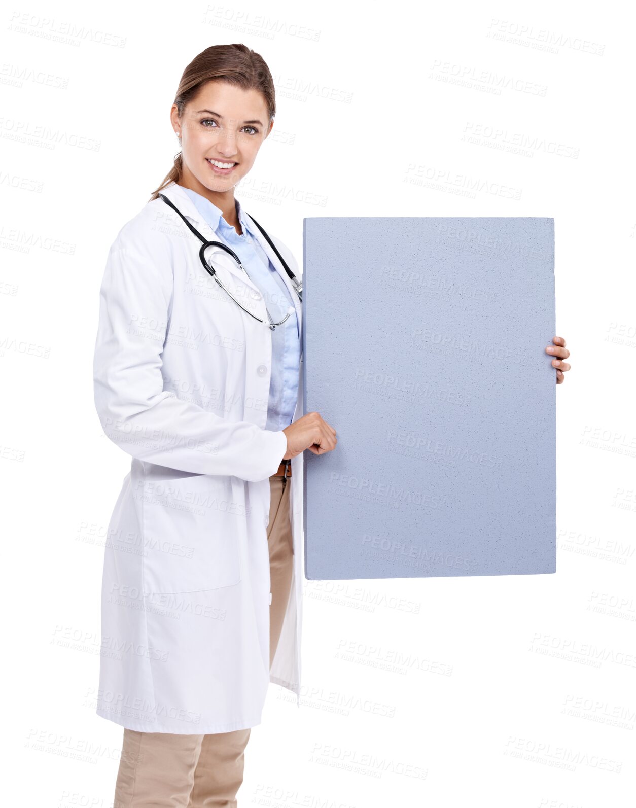 Buy stock photo Woman doctor, poster and blank space isolated on transparent, png background for healthcare presentation. Portrait of medical professional with sign for consulting information, advertising or service