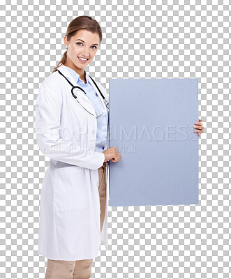 Buy stock photo Portrait, poster and doctor or woman isolated on a transparent png background for healthcare presentation. Medical professional, blank and cardboard mockup for consulting advice, help or services