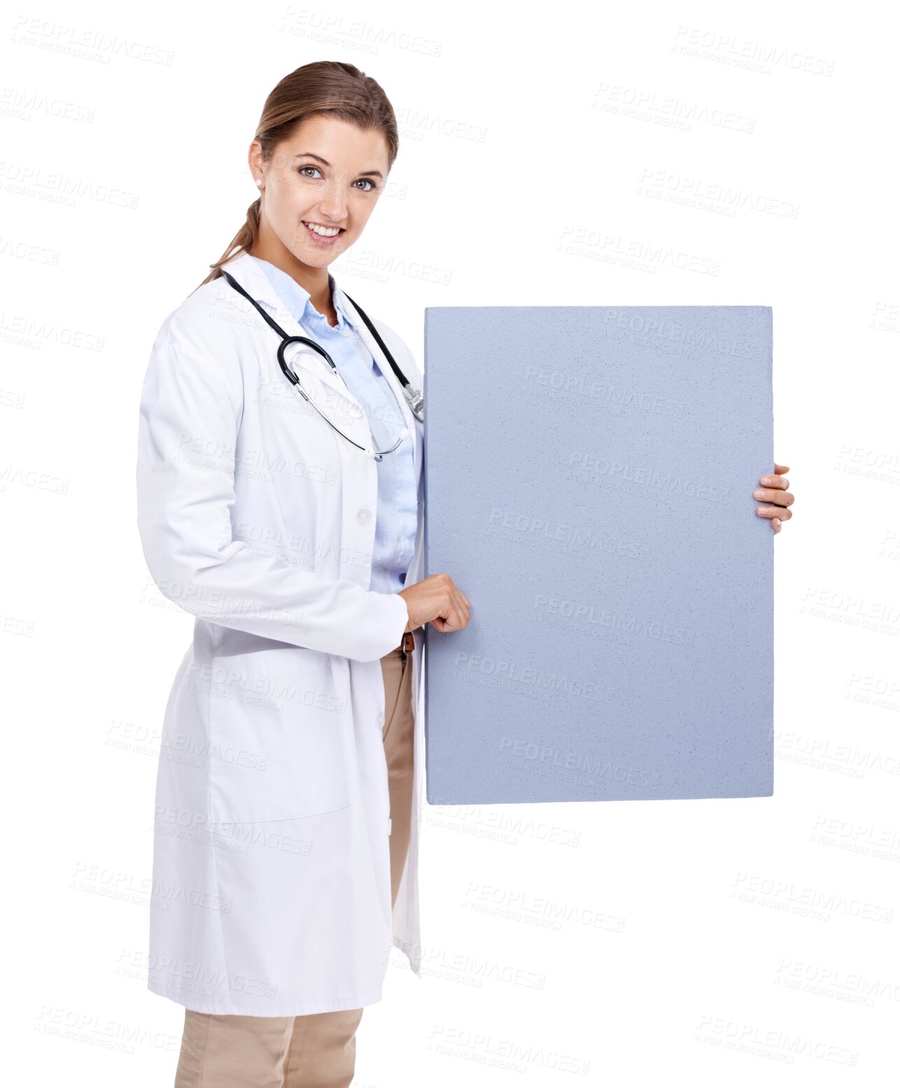 Buy stock photo Portrait, poster and doctor or woman isolated on a transparent png background for healthcare presentation. Medical professional, blank and cardboard mockup for consulting advice, help or services