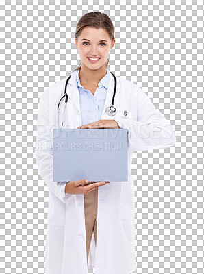 Buy stock photo Cardboard, blank space and woman doctor isolated on transparent, png background for medical information or service. Portrait of healthcare professional or person, poster for health support or advice