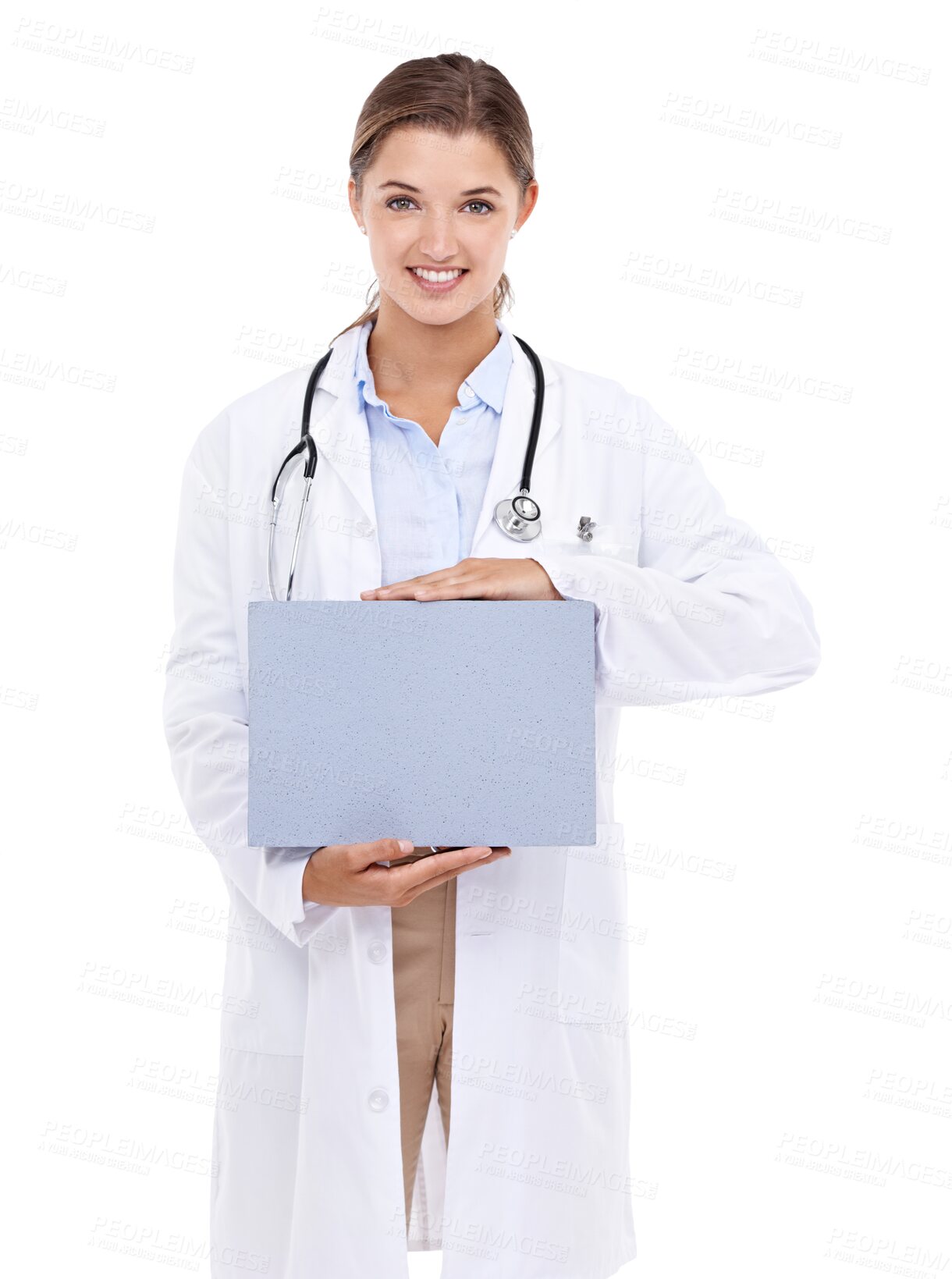 Buy stock photo Cardboard, blank space and woman doctor isolated on transparent, png background for medical information or service. Portrait of healthcare professional or person, poster for health support or advice