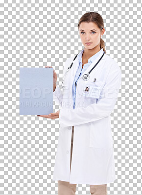 Buy stock photo Poster, blank space and woman doctor isolated on transparent, png background for medical information or service. Portrait of healthcare professional or person, cardboard for health support and mockup