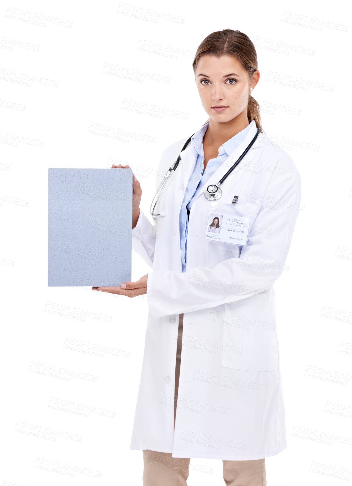 Buy stock photo Poster, blank space and woman doctor isolated on transparent, png background for medical information or service. Portrait of healthcare professional or person, cardboard for health support and mockup