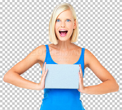 Buy stock photo Portrait, excited and woman with poster for mockup isolated on a transparent png background. Product placement, branding banner and happy person with promotion, advertising and marketing space.