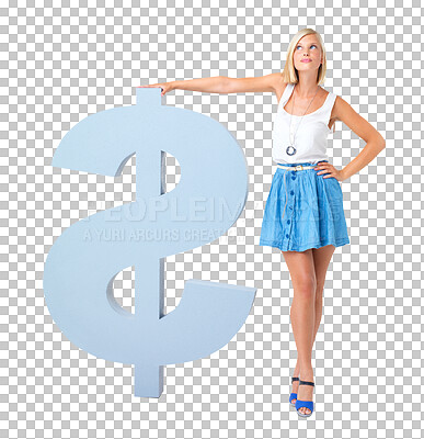 Buy stock photo Dollar sign, woman and thinking of money or investment growth isolated on png, transparent background. Female with a icon or symbol for economy, competition reward or trading profit and savings