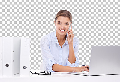 Buy stock photo Happy woman, phone call and portrait isolated on transparent, png background on laptop for business planning. Face of professional person or secretary talking online and computer at office help desk