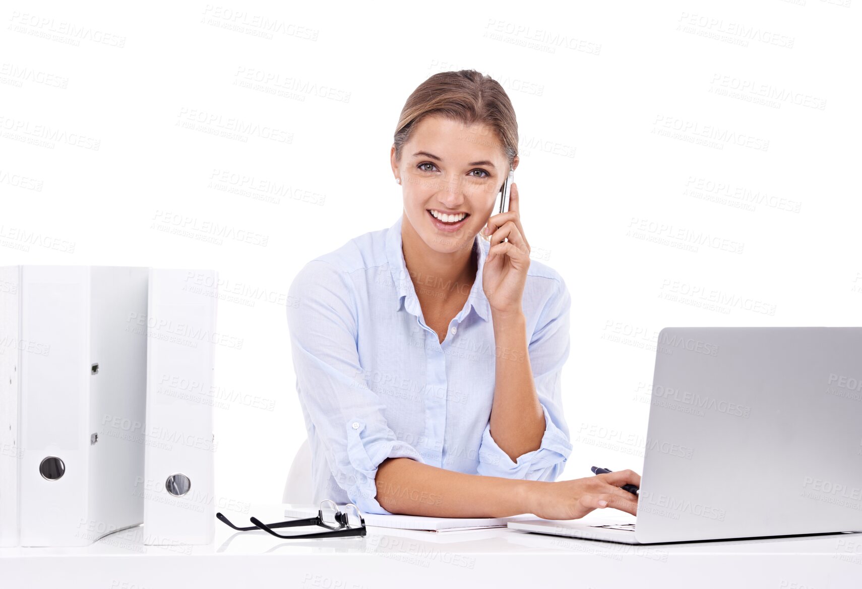 Buy stock photo Happy woman, phone call and portrait isolated on transparent, png background on laptop for business planning. Face of professional person or secretary talking online and computer at office help desk