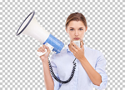 Buy stock photo Megaphone, portrait and serious woman with message on isolated, transparent and png background. Microphone, announcement and face of stern female speaker for justice, change and protest warning