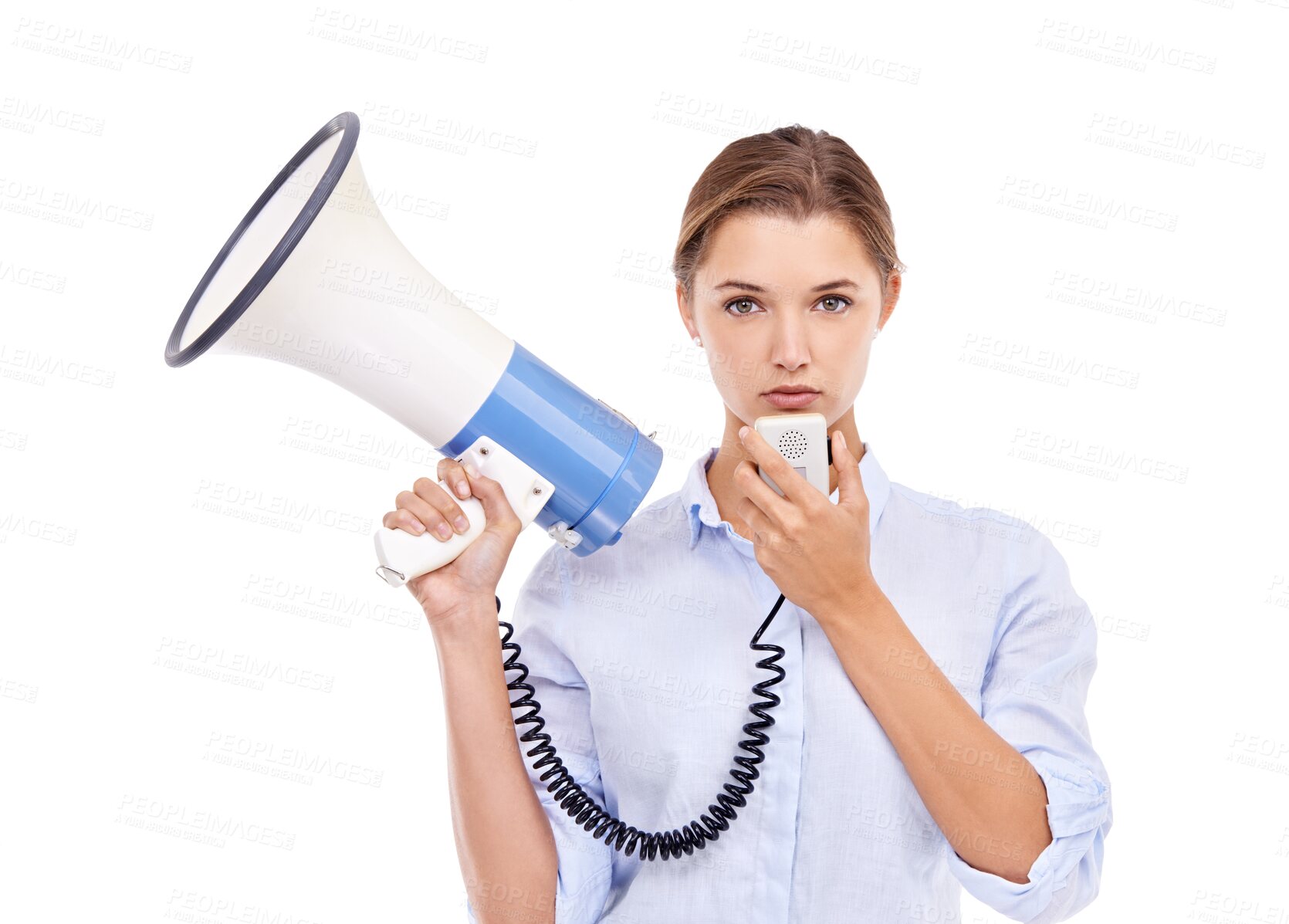 Buy stock photo Megaphone, portrait and serious woman with message on isolated, transparent and png background. Microphone, announcement and face of stern female speaker for justice, change and protest warning