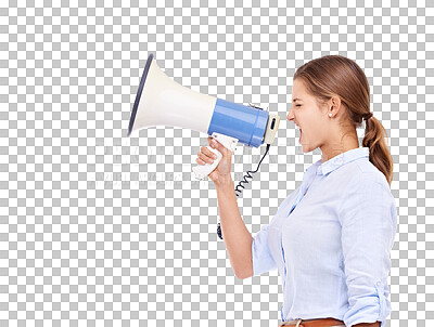 Buy stock photo Megaphone, protest and woman isolated on a transparent, png background broadcast, justice and strong opinion or voice. Person, speaker or angry leader in politics, news and call to action with speech