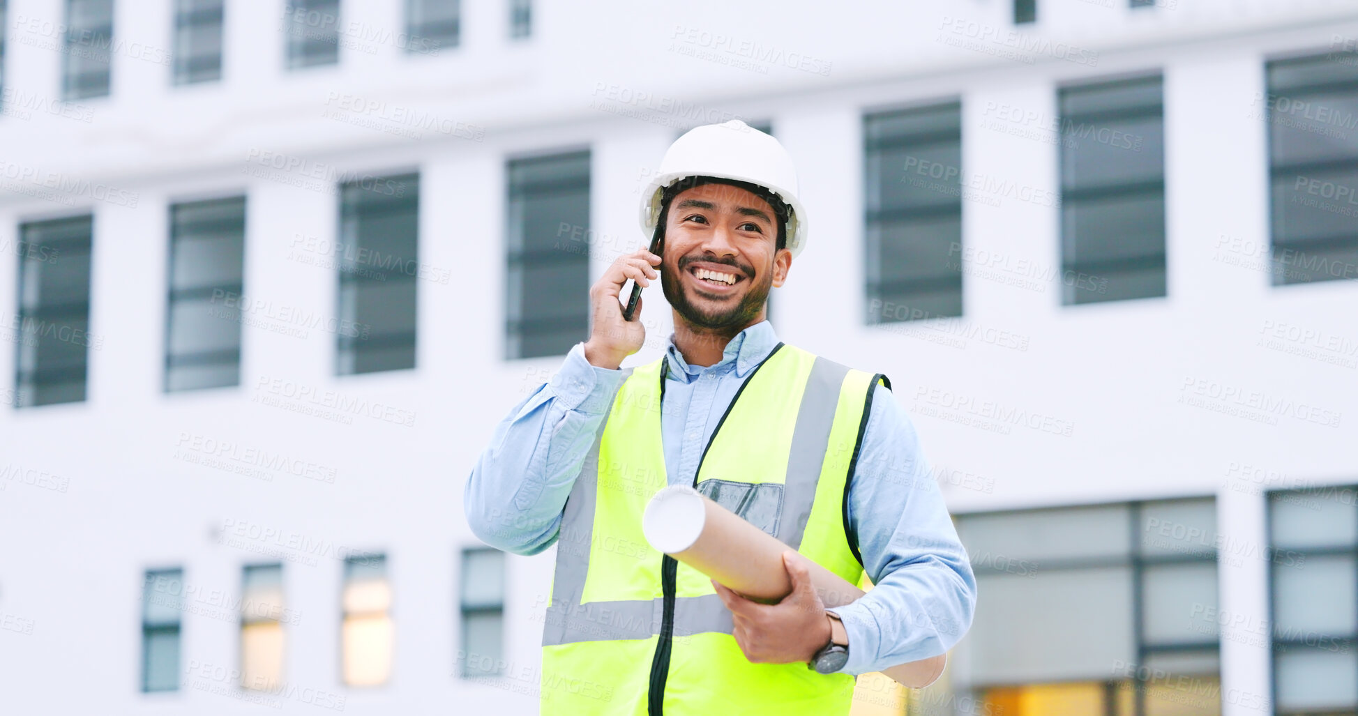 Buy stock photo Phone call, construction and contractor in city for engineering inspection, maintenance and planning. Architecture, building site and man on smartphone for communication, talking and discussion