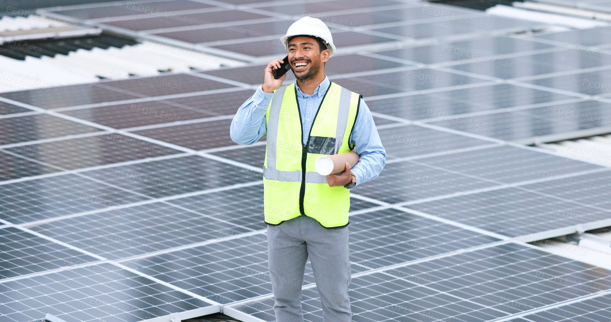 Buy stock photo Solar panel, electricity and phone call conversation and engineer with planning and renewable energy. Architecture, construction worker with smile from eco friendly and sustainability project