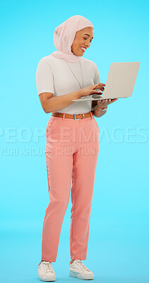 Buy stock photo Happy, typing and Islamic woman with a laptop, business and connection on blue studio background. Muslim person, employee and worker with a computer, email notification and website info with internet