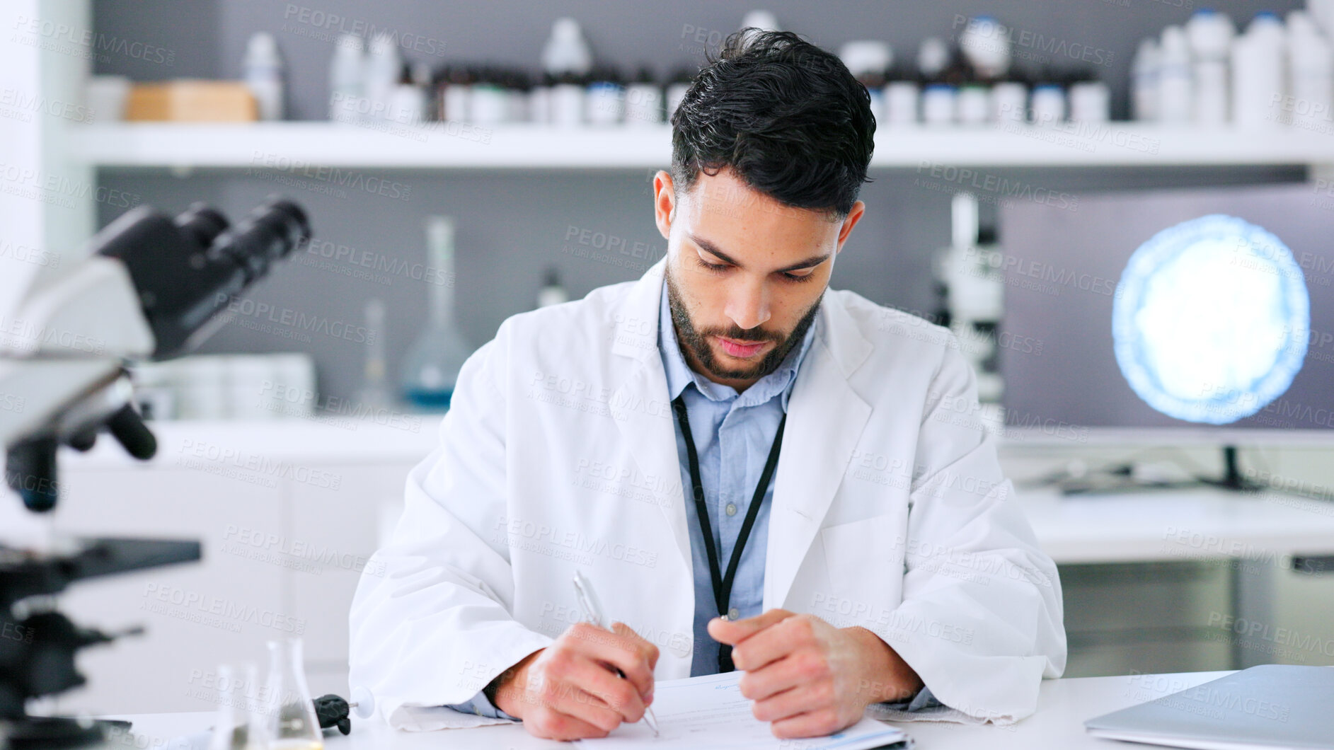 Buy stock photo Results, paperwork or scientist writing research notes for analysis on experiment or medical information. Notebook, man or expert in a laboratory with documents info for science development