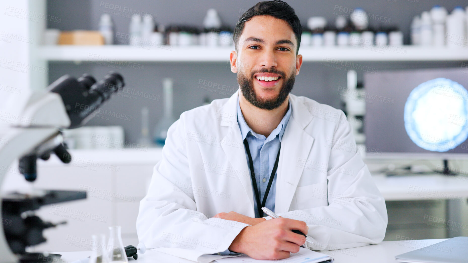 Buy stock photo Happy man, portrait and scientist in lab with research, planning and study in medicine with notes on innovation. Science, facility and face of expert in biotechnology or pharmaceutical laboratory