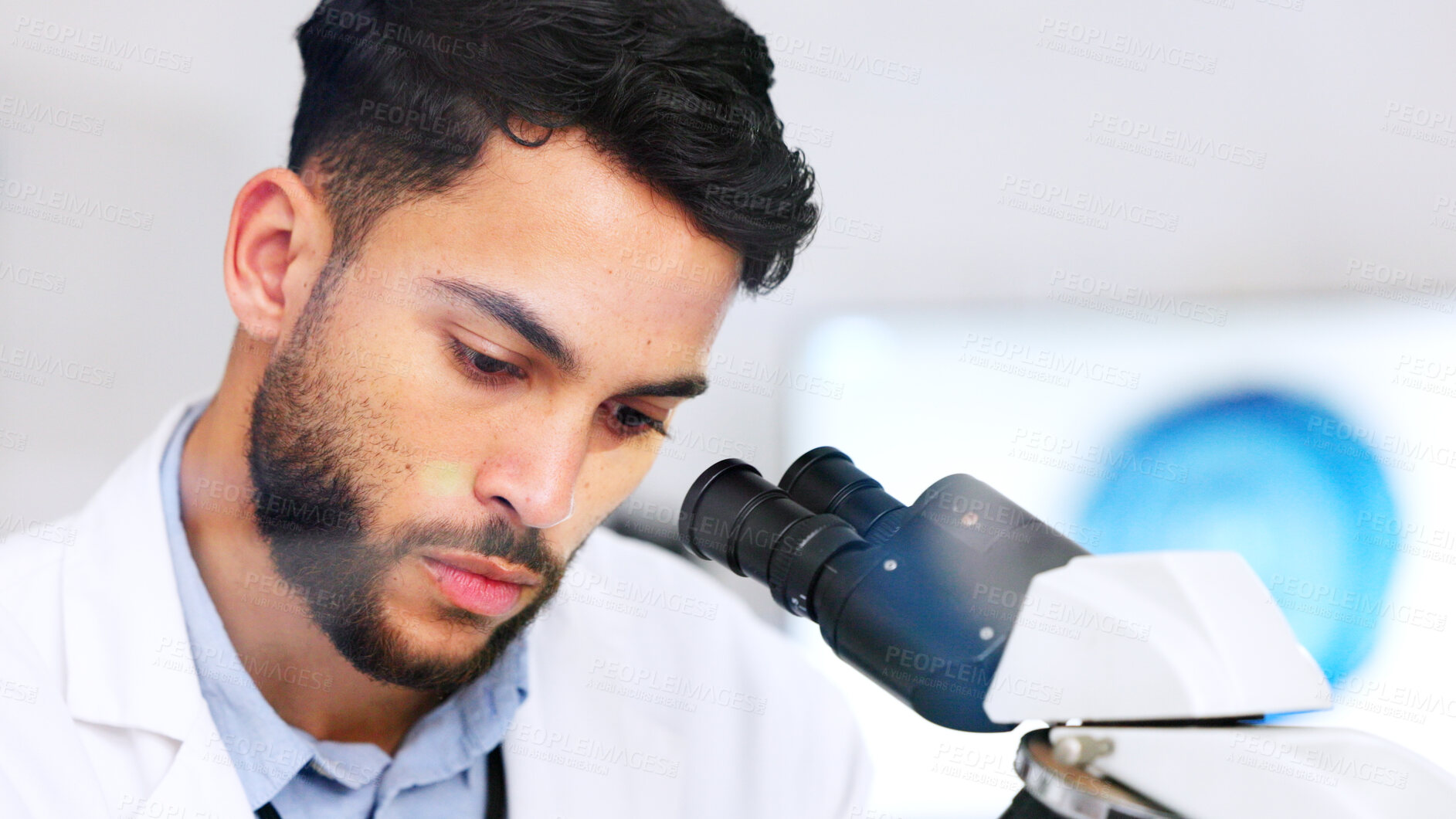 Buy stock photo Research, microscope or scientist in laboratory for particles, medical study or test experiment info. Data analysis, face or Arabic man writing notes for science development or healthcare results