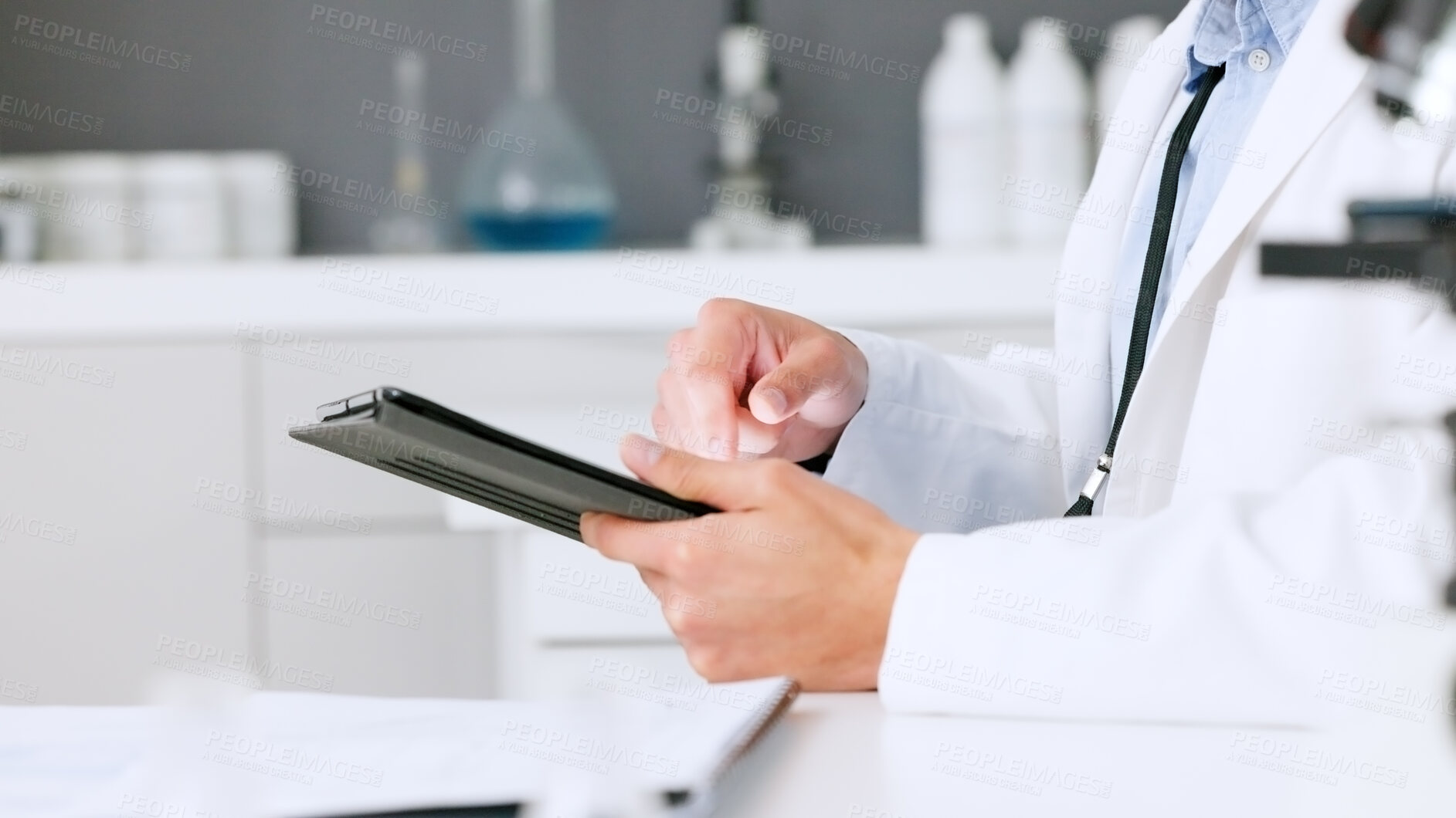 Buy stock photo Tablet, hands or scientist typing to research in laboratory for a chemistry report or scientific test feedback. Medical analysis, man or closeup of science update for online medicine development news