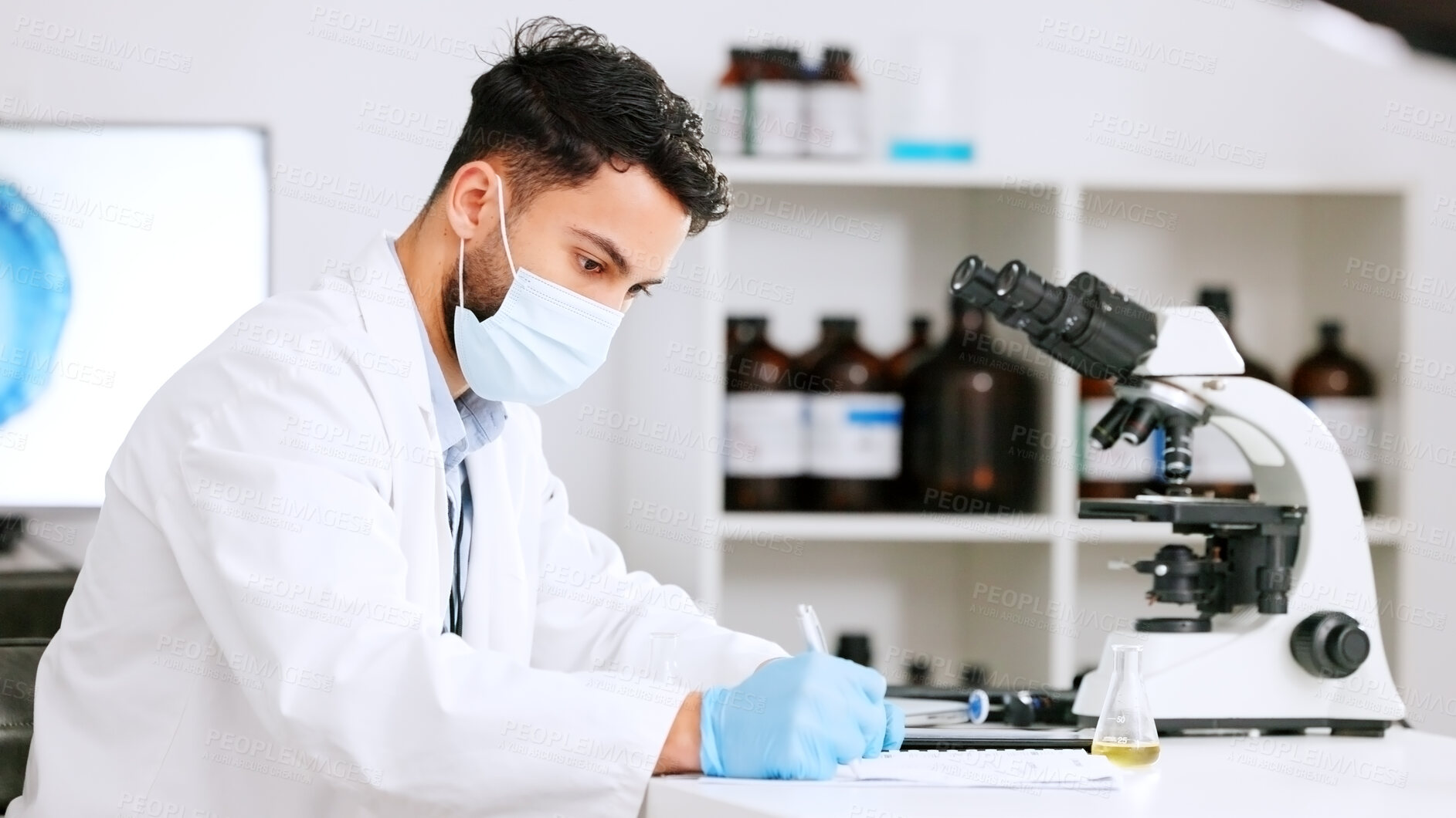 Buy stock photo Mask, paperwork or scientist writing research notes for analysis on DNA experiment or medical information. Feedback, man or expert in a laboratory with documents info for science development results