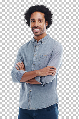 Buy stock photo Man, smile and arms crossed portrait while happy isolated on a transparent, png background. Confident black male model with a positive attitude or mindset and alpha channel for casual fashion style