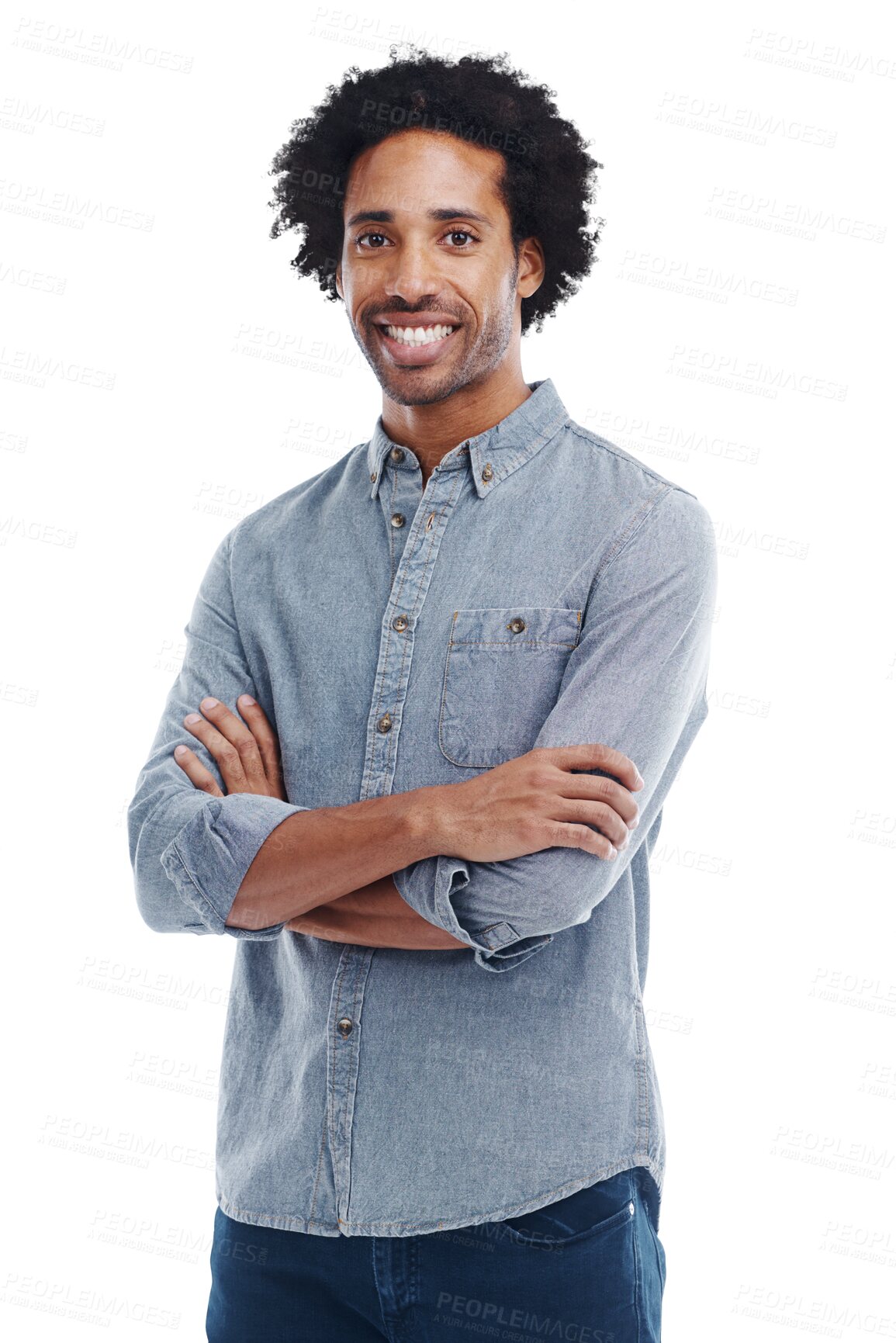 Buy stock photo Man, smile and arms crossed portrait while happy isolated on a transparent, png background. Confident black male model with a positive attitude or mindset and alpha channel for casual fashion style