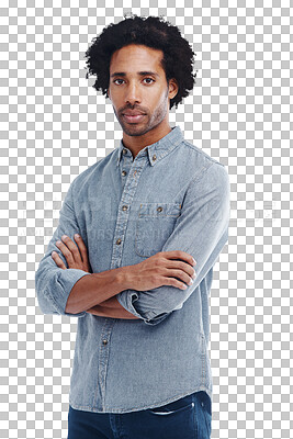 Buy stock photo Man, serious and portrait with arms crossed isolated on a transparent, png background. Confident black male model with an expression and attitude on alpha channel for fashion style advertising