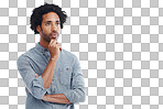 A handsome man looking thoughtful isolated on a png background	