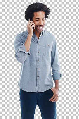 Buy stock photo Man, happy and talking on phone call for communication isolated on a transparent, png background. Confident black male model with a smile, smartphone contact and network connection on alpha channel