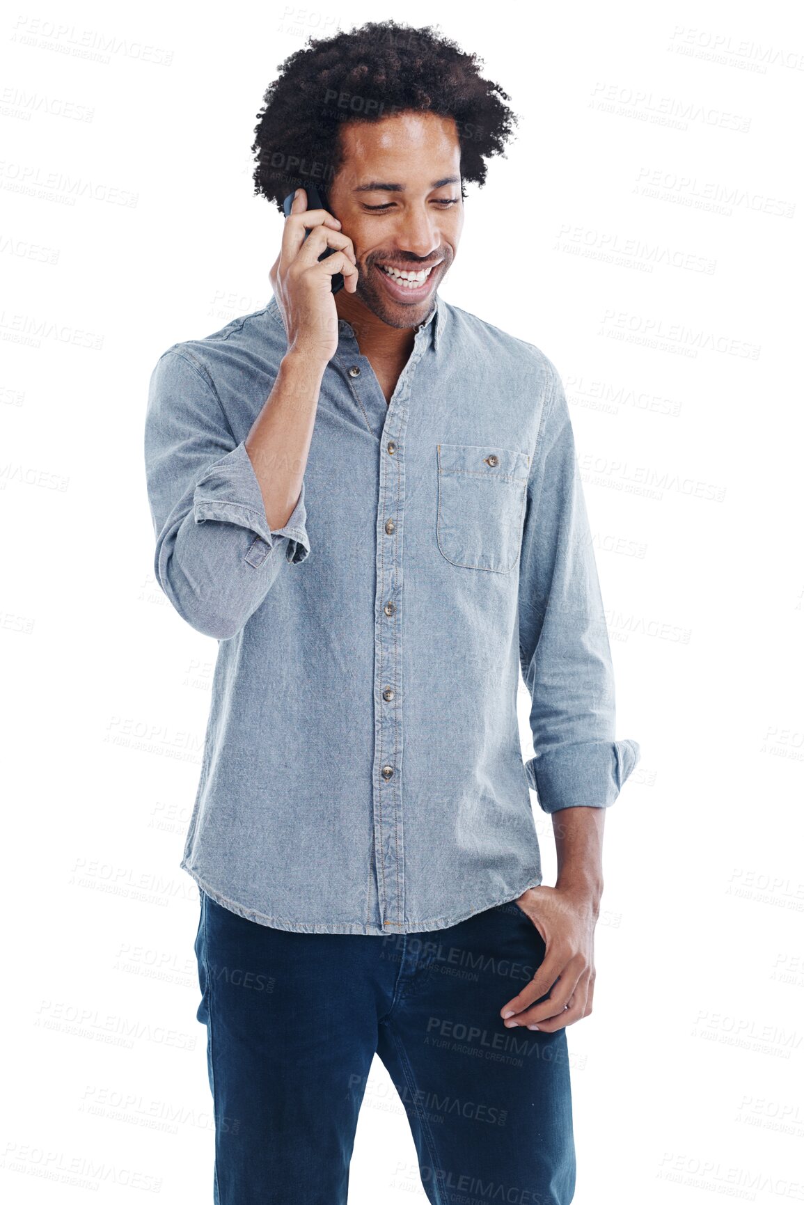 Buy stock photo Man, happy and talking on phone call for communication isolated on a transparent, png background. Confident black male model with a smile, smartphone contact and network connection on alpha channel