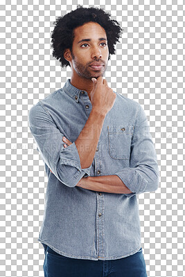 Buy stock photo Man, hand on chin and thinking of idea plan or strategy isolated on a transparent, png background. Pensive black male model think with gesture, memory and contemplating choice and planning