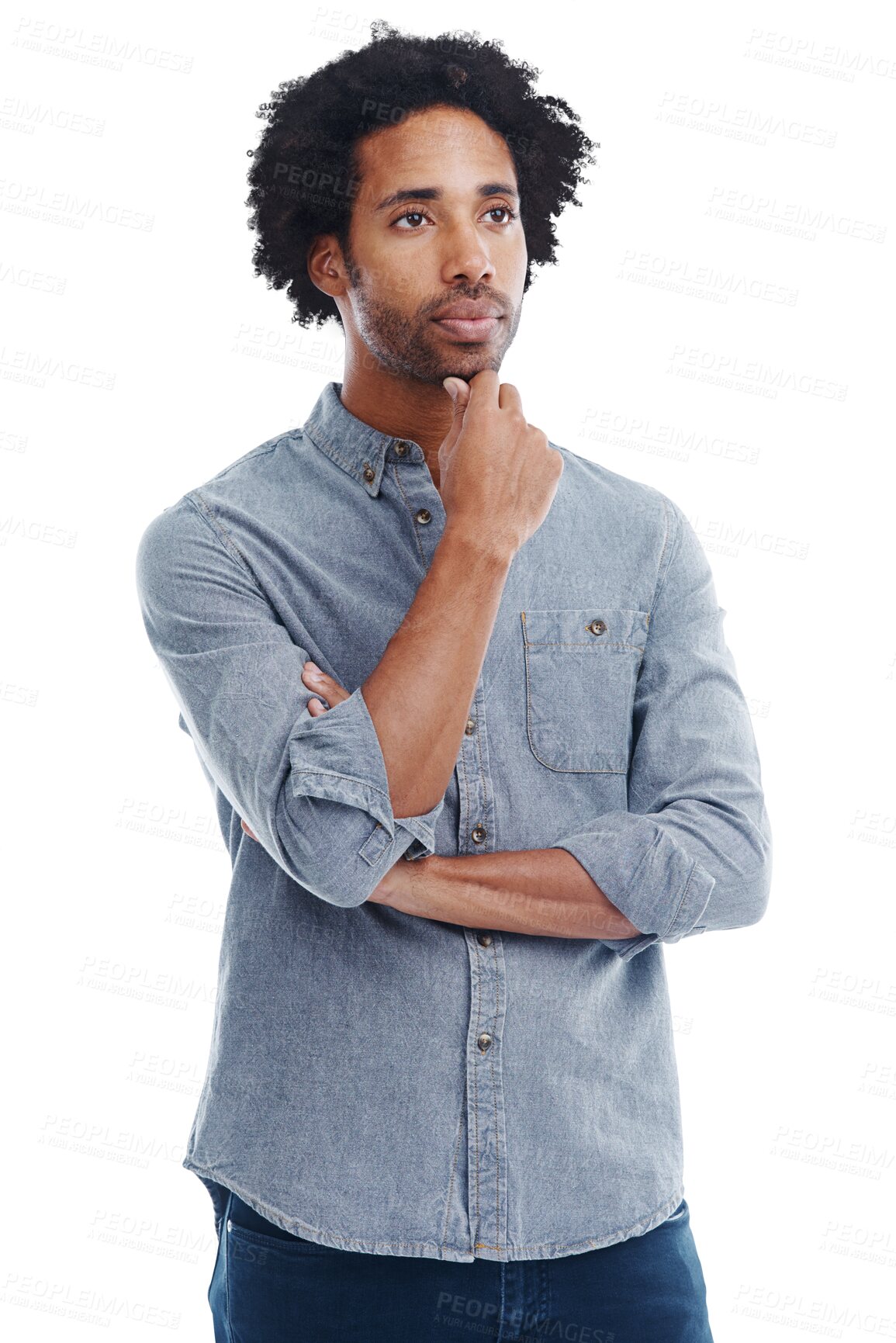 Buy stock photo Man, hand on chin and thinking of idea plan or strategy isolated on a transparent, png background. Pensive black male model think with gesture, memory and contemplating choice and planning