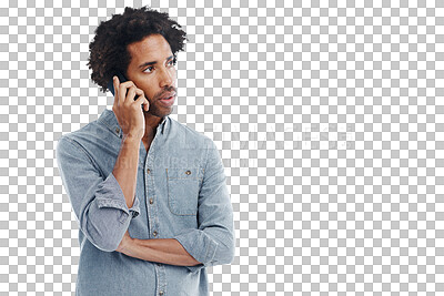 Buy stock photo Phone call, communication and black man talking on transparent background for contact, connection and chat. Network, png studio and isolated male on smartphone for conversation, discussion and speak