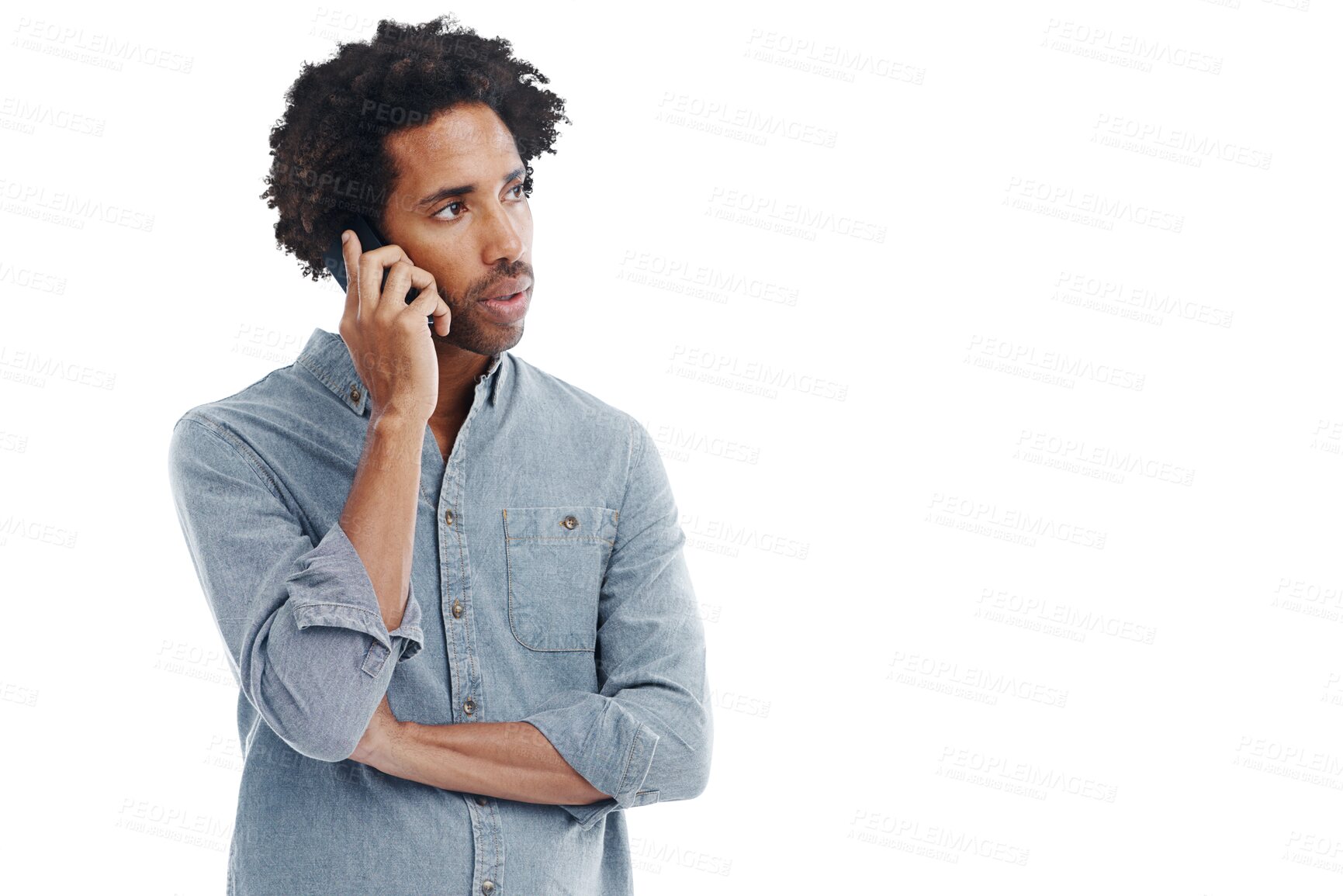 Buy stock photo Phone call, communication and black man talking on transparent background for contact, connection and chat. Network, png studio and isolated male on smartphone for conversation, discussion and speak