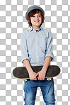 Cute preteen boy wearing trendy attire and holding a skateboard while isolated on a png background